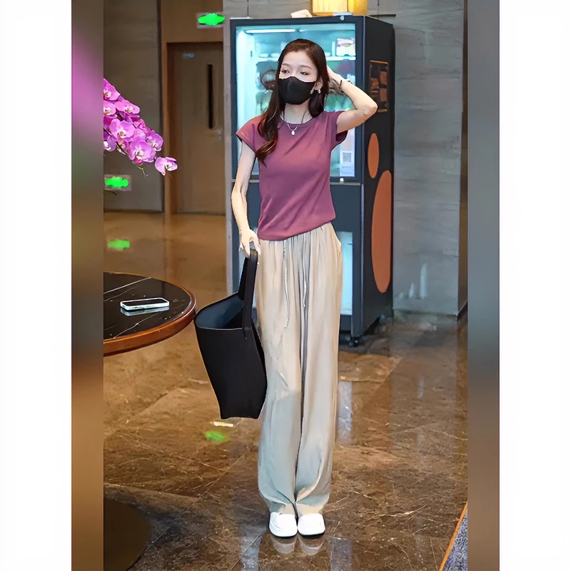 夏季简约休闲时尚套装女圆领小飞袖T恤上衣休闲显瘦九分裤两件套