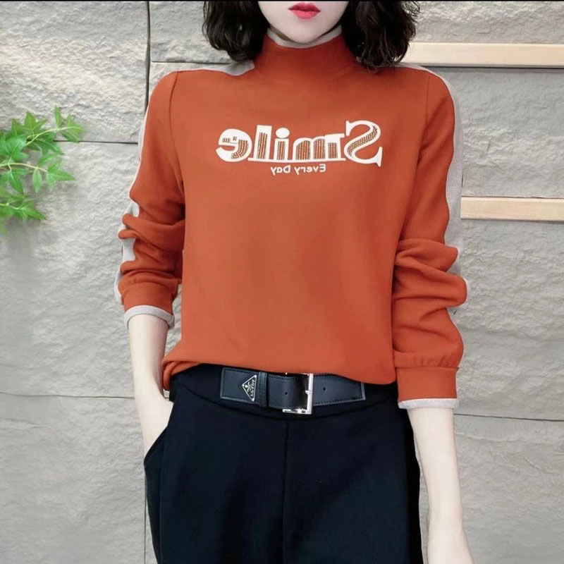 2024秋冬德绒时尚女士气质洋气长袖烫钻半高领休闲百搭宽松款