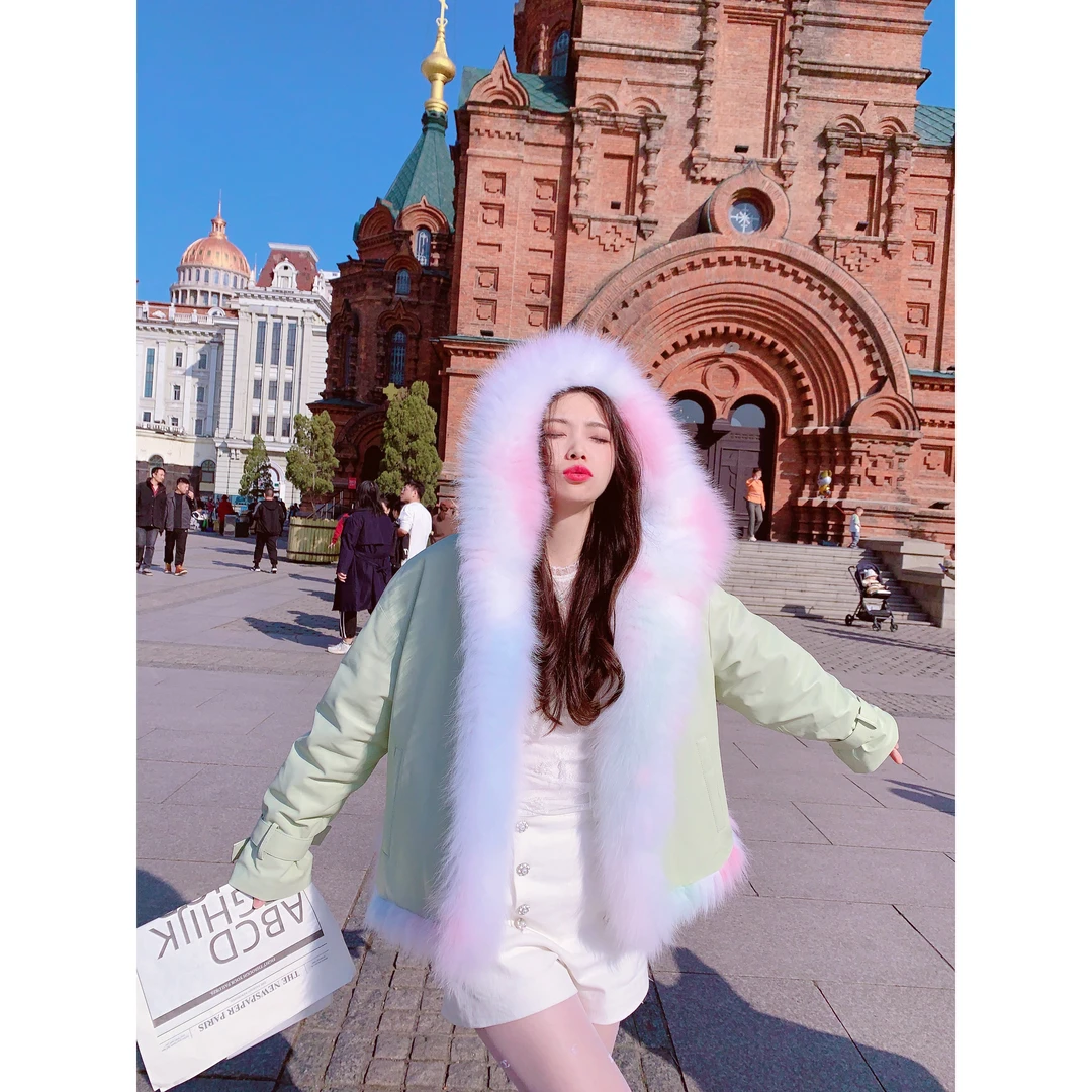 奢侈小姐『仙女本仙』秋冬绵羊皮真皮鹅绒服女狐狸毛连帽短款外套