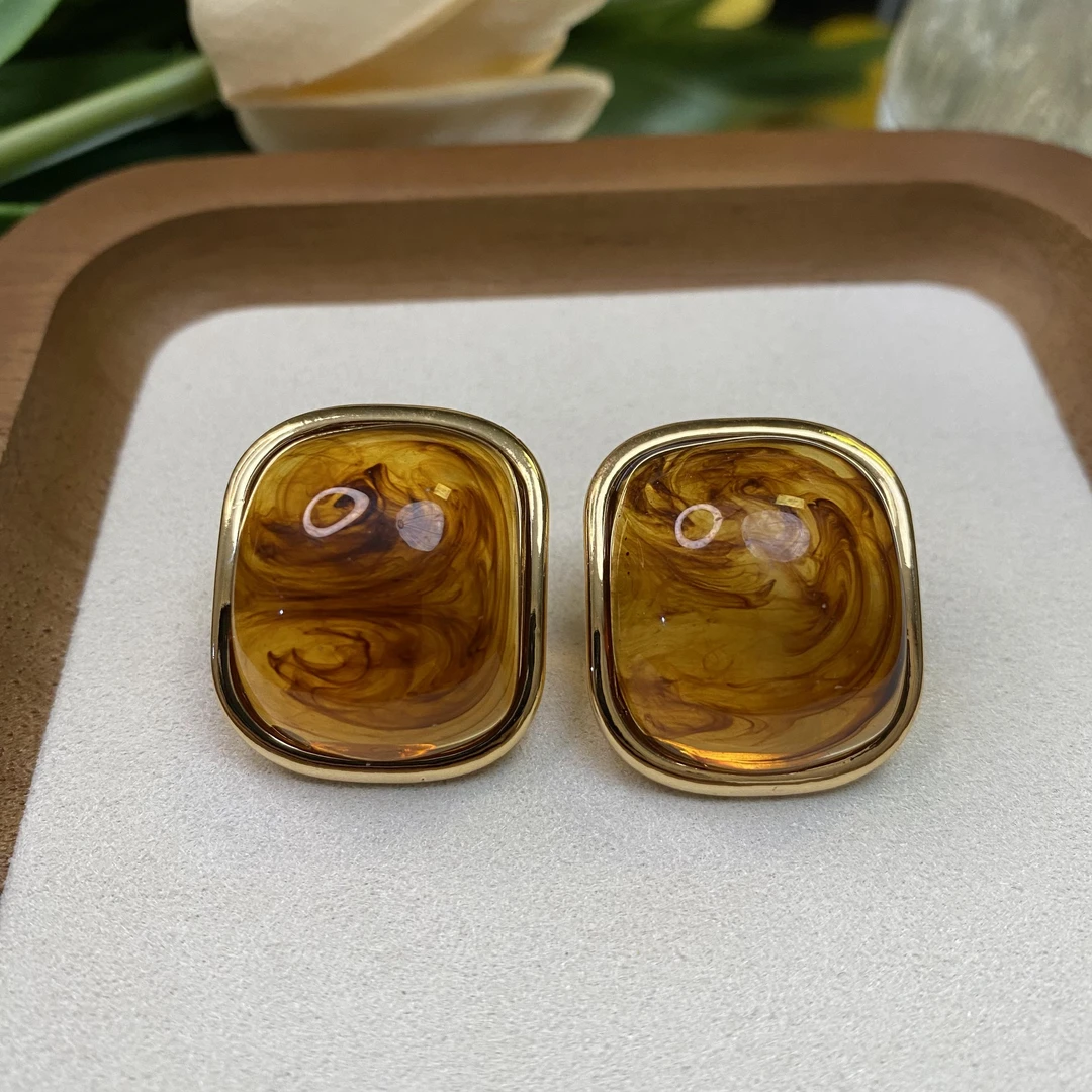 铜合金树脂耳饰 手工气质时尚百搭复古黄色中古镶嵌法式欧美简约