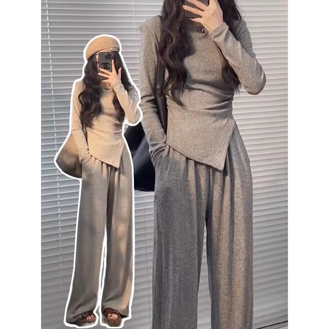 高级感休闲运动套装女秋冬显瘦洋气不规则上衣阔腿裤两件套小个子