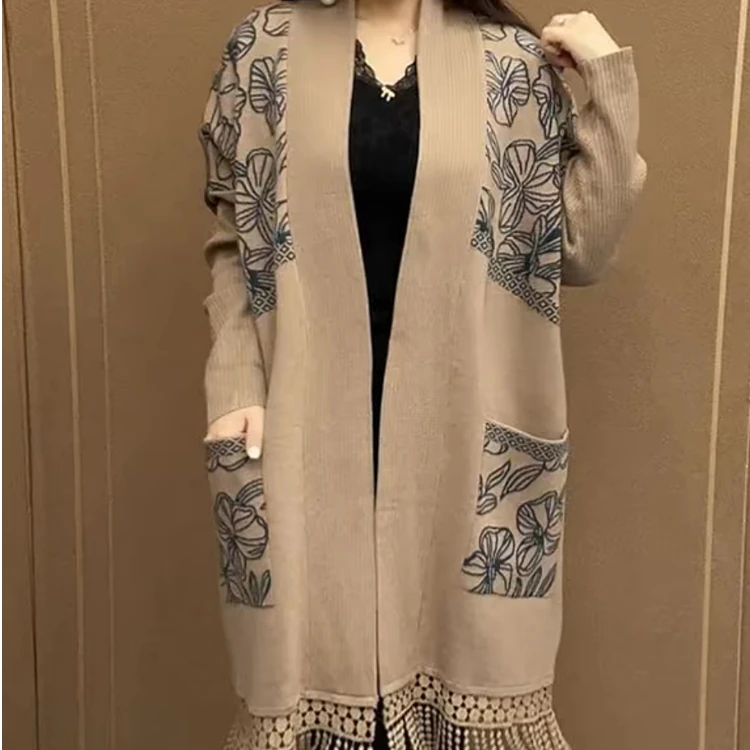 时髦妈妈秋冬新款针织长袖披肩阔太太提花中长款开衫外套女宽松