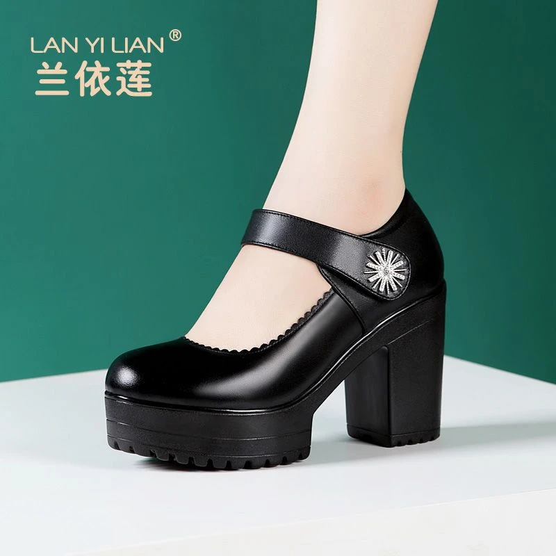 旗袍走秀鞋女防水台中跟工作鞋真皮粗跟女鞋黑色圆头高跟职业单鞋