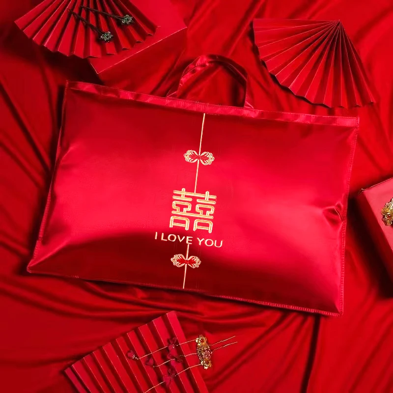 结婚枕头收纳袋枕芯陪嫁加厚包装袋婚房手提婚庆刺绣喜庆礼品袋子