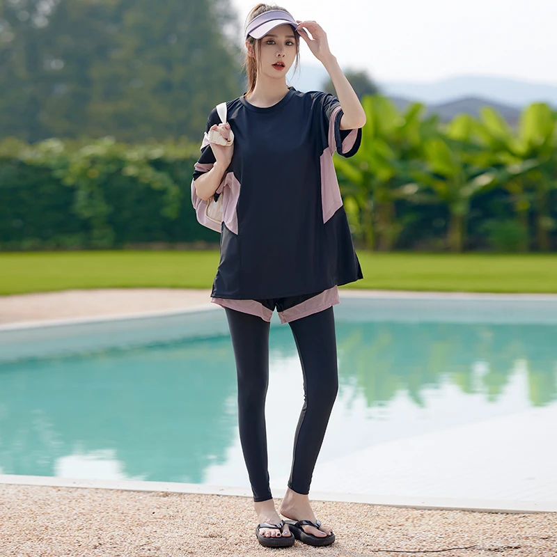 分体大码泳衣四件套运动遮肚子显瘦夏季温泉泳装女士短袖女士泳衣