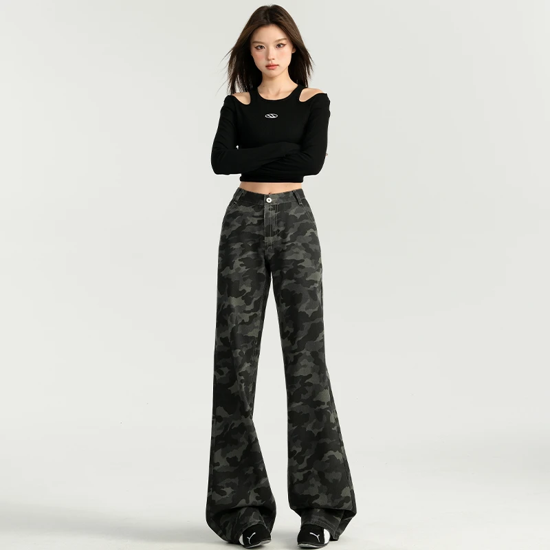 美式高街微喇叭迷彩工装牛仔裤女秋冬新款辣妹低腰宽松阔腿休闲裤