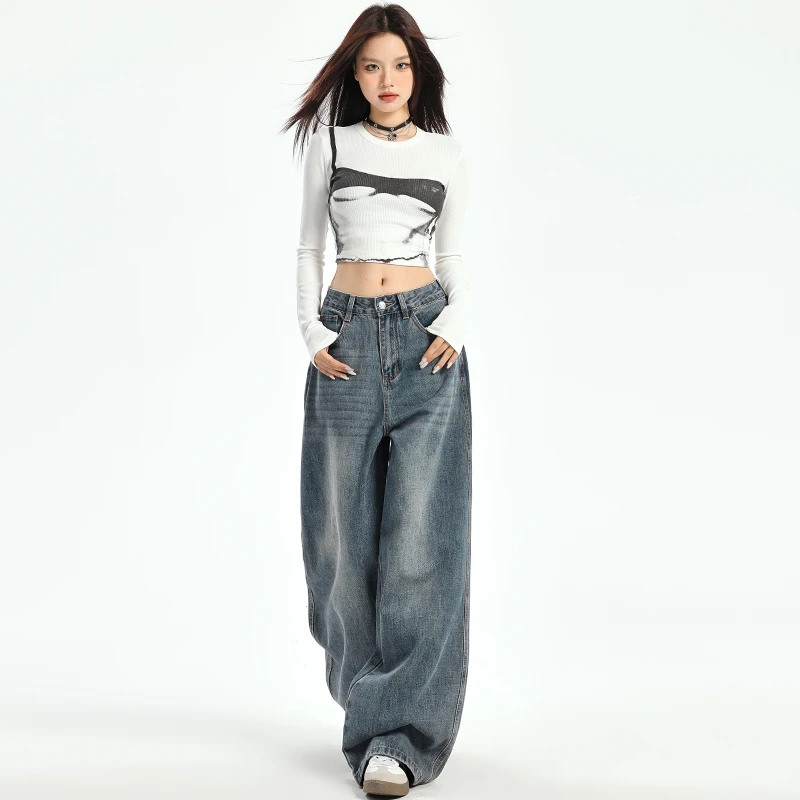 美式高街阔腿牛仔裤女秋冬新款高腰慵懒松弛感复古宽松直筒拖地裤