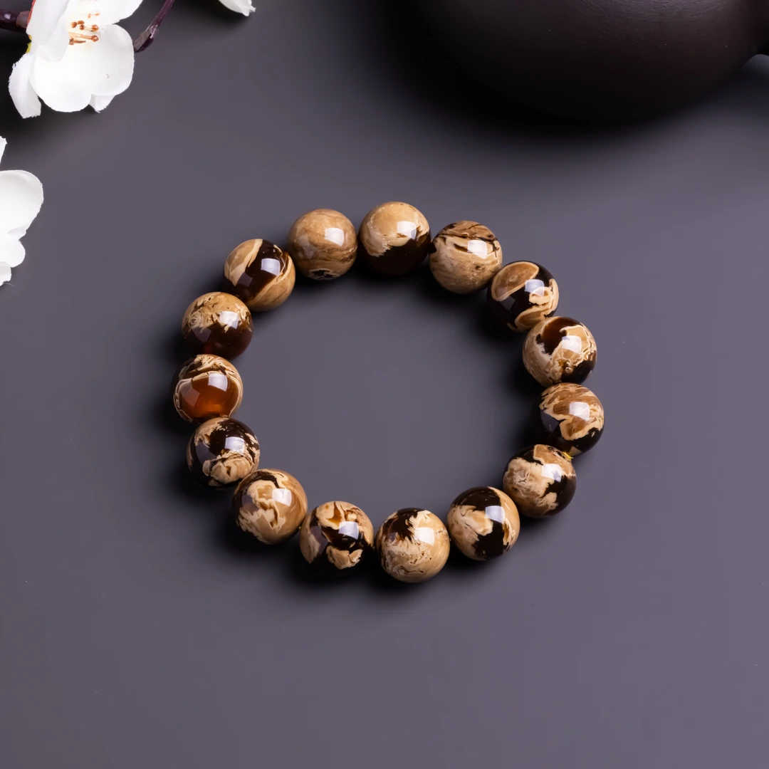 【缅珀系列】天然原矿缅珀花根溶洞圆珠手串