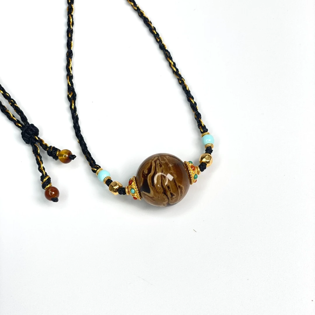 【缅珀系列】天然原矿缅珀花根溶洞19mm+绿松石精美设计款锁骨链