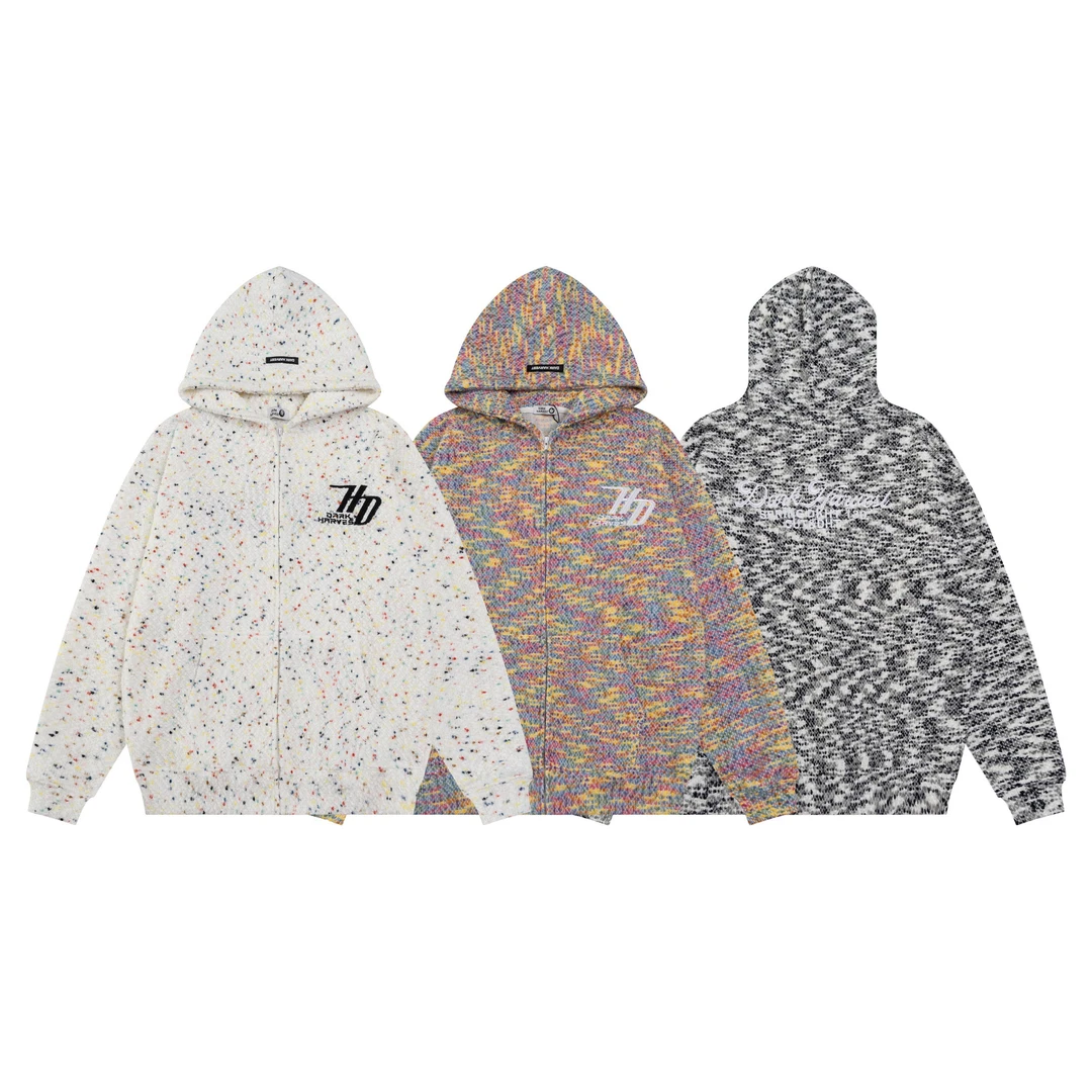 美式复古彩色波点连帽卫衣宽松针织拉链开衫外套8243