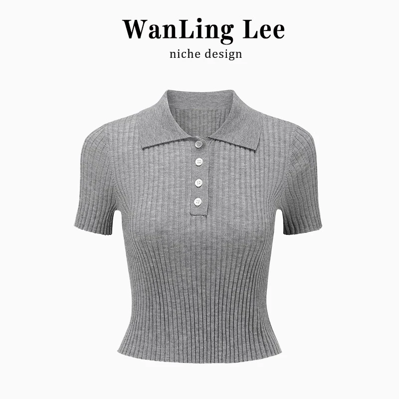 短袖polo领女夏季新款显瘦上衣遮肉修身坑条针织百搭T恤设计感