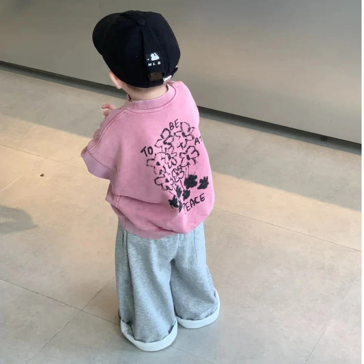 韩国童装男童秋装套装2024新款女童洋气时髦印花圆领卫衣宽松裤子