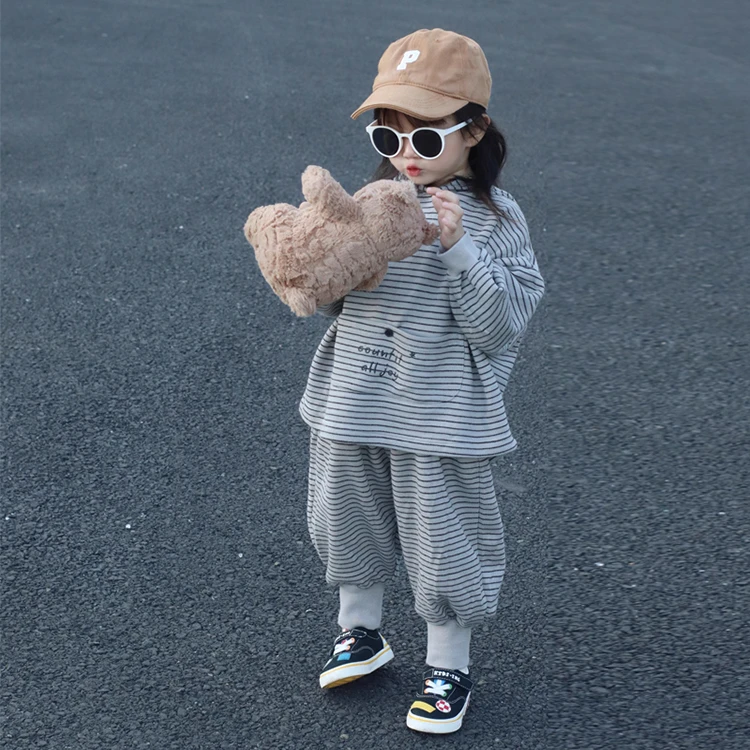 女童条纹连帽运动套装春秋款韩国童装儿童时尚复古卫衣卫裤子宝宝