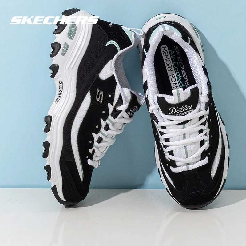 【优选】斯凯奇蕾丝款女鞋厚底松糕鞋老爹鞋缓震黑白时尚运动鞋