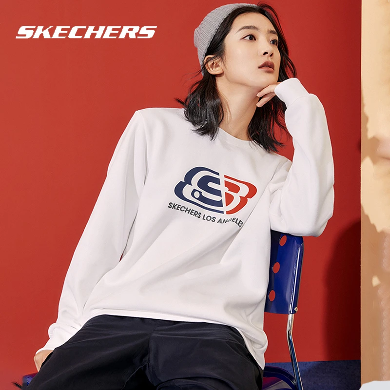 Skechers斯凯奇情侣加绒卫衣新款白色保暖休闲套头衫运动长袖上衣
