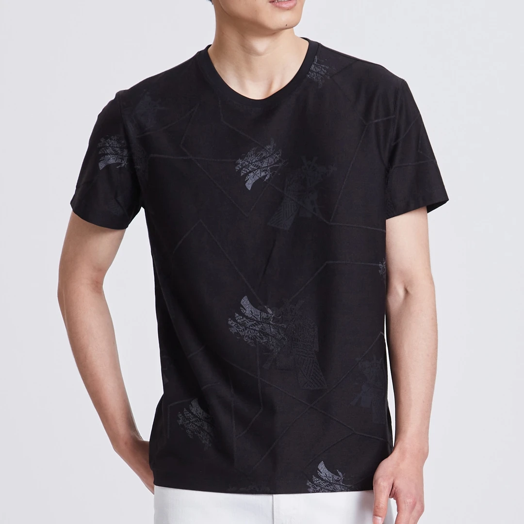 黑色圆领条纹针织衫短袖t恤提花时尚修身弹力半袖1XTX6081Y