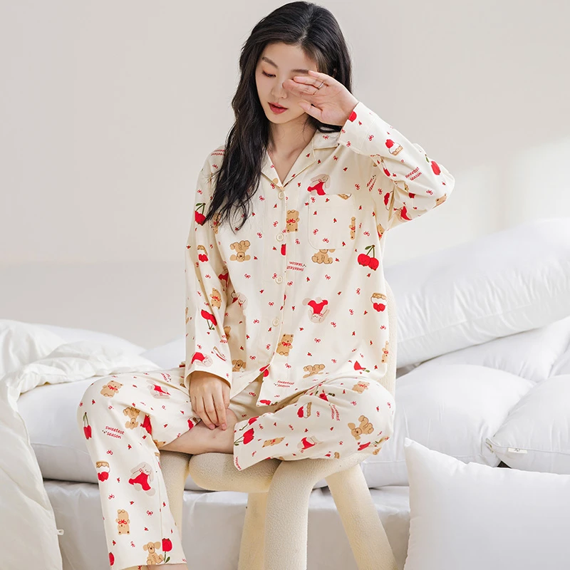 莉莉家睡衣女士2025加厚纯棉简约可爱卡通小熊长袖开衫家居服套装