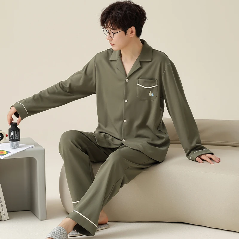 莉莉家睡衣男士加厚纯棉浅绿纯版长袖长裤开衫时尚睡衣58301