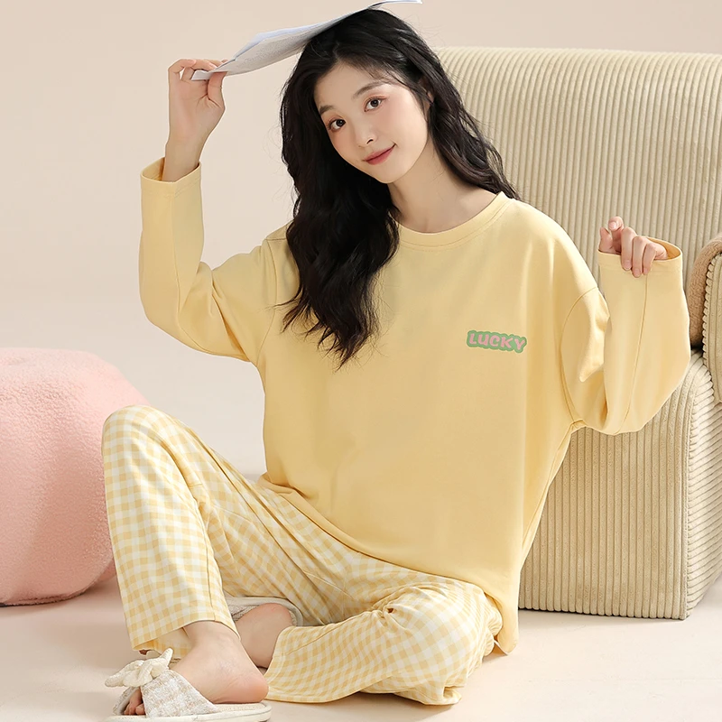【带胸垫】莉莉家睡衣女加厚纯棉圆领黄色格子裤长袖秋冬可外穿套装