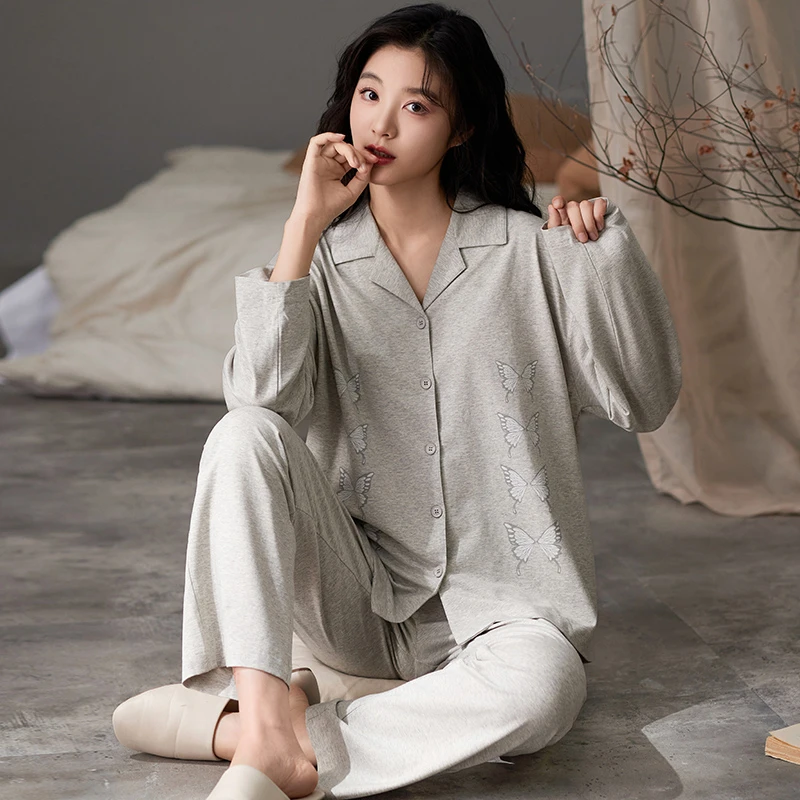 莉莉家女士2025新款纯棉开衫长袖长裤灰色蝴蝶睡衣家居服套装外穿