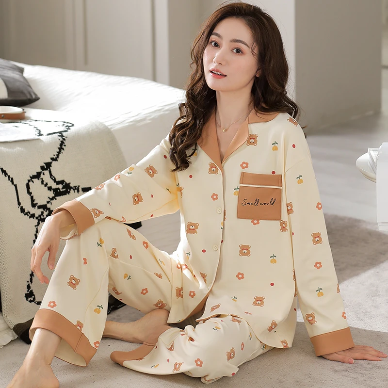 2025新款莉莉家女宽松加厚纯棉小熊印花翻领开衫长袖时尚34737