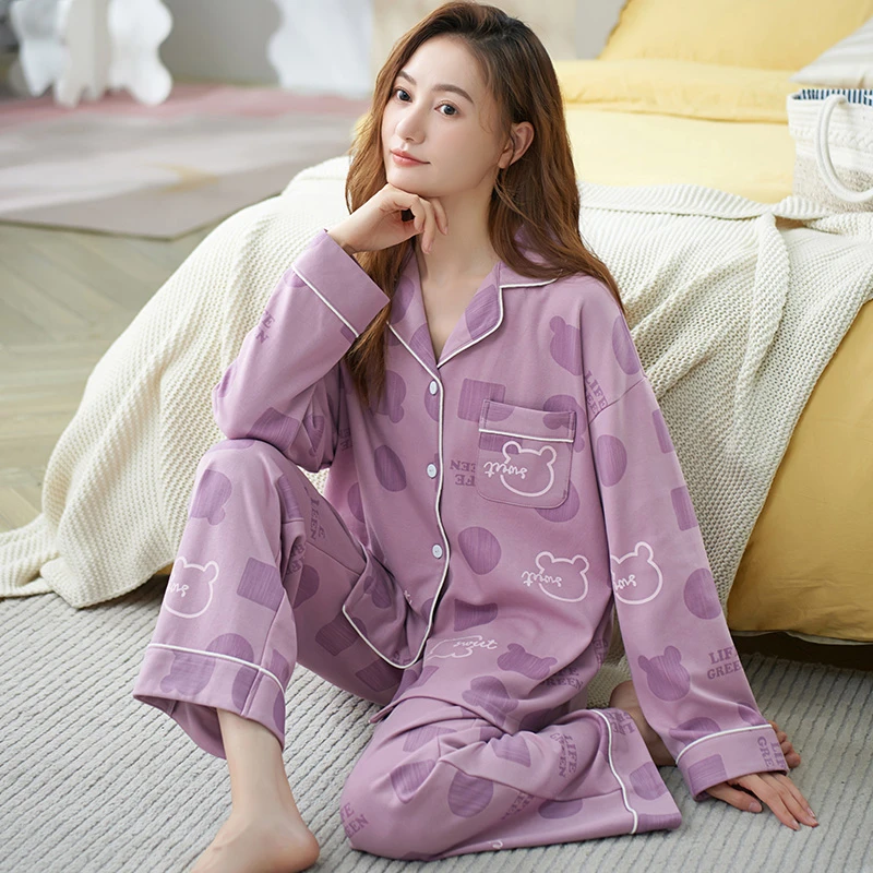 2023新款莉莉家女士宽松纯棉紫色熊开衫长袖秋冬保暖家居服套装