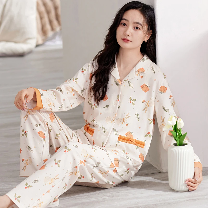 莉莉家女士2025新款加厚纯棉开衫长袖长裤含羞草睡衣家居服可外穿