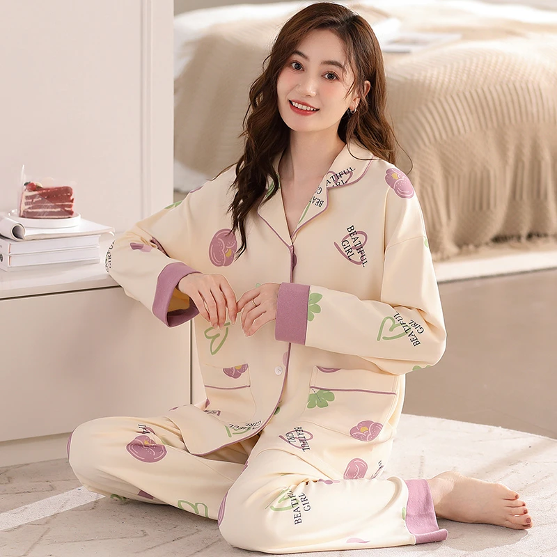 莉莉家睡衣女士加厚纯棉简约紫色花长袖睡衣秋冬保暖可外穿秋冬款