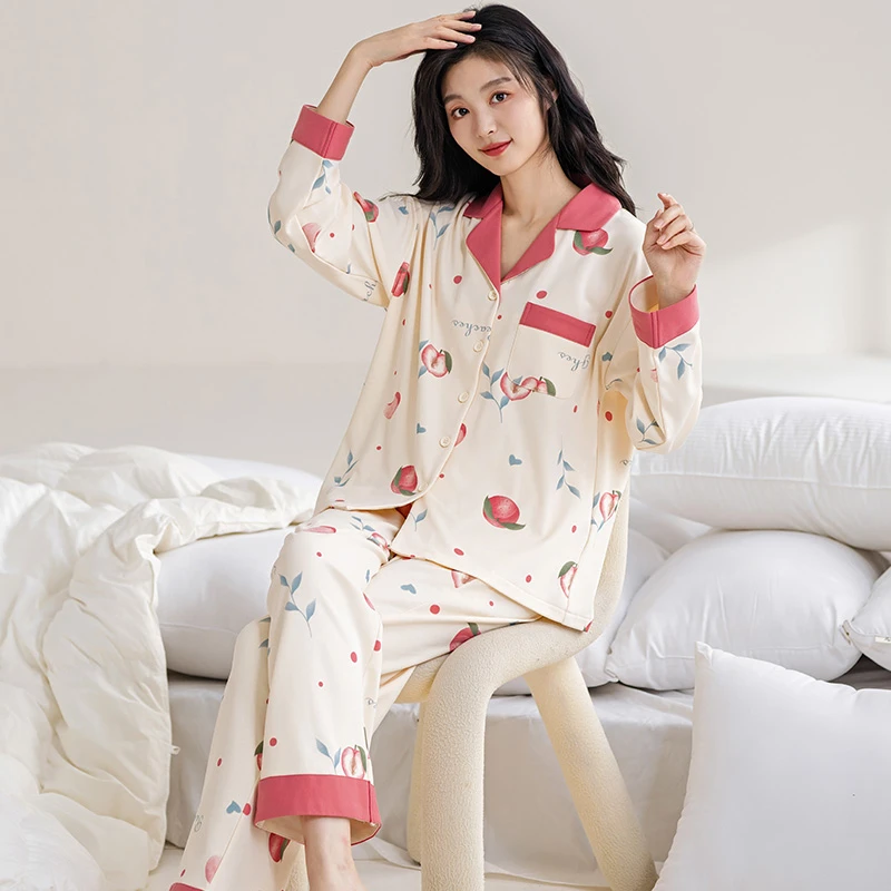 莉莉家睡衣女士2025加厚纯棉简约粉色简约苹果长袖开衫家居服套装