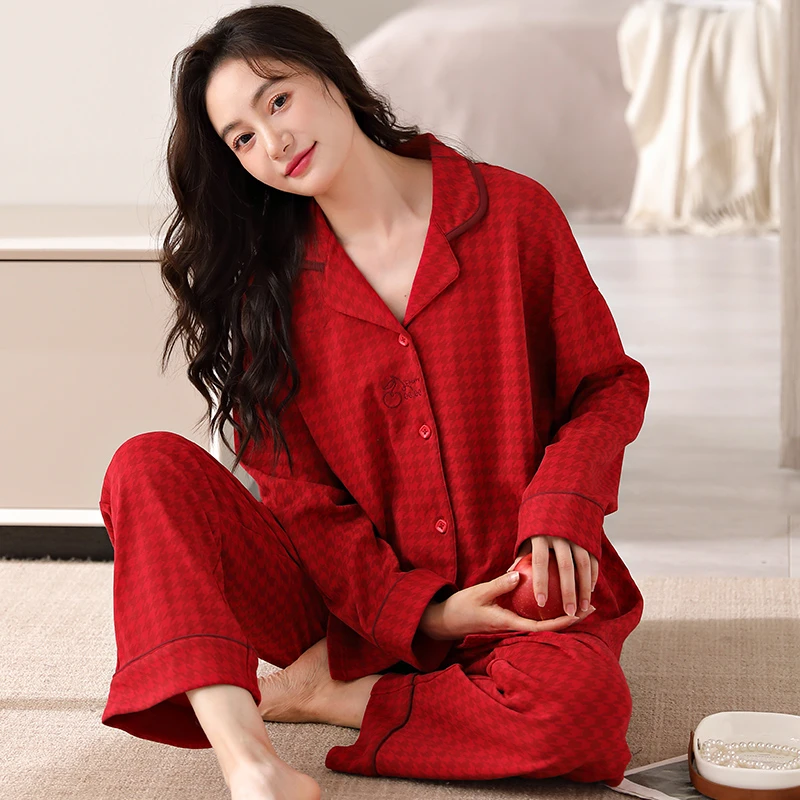 莉莉家睡衣女士加厚纯棉红色千鸟格长袖开衫款家居服套装可外穿
