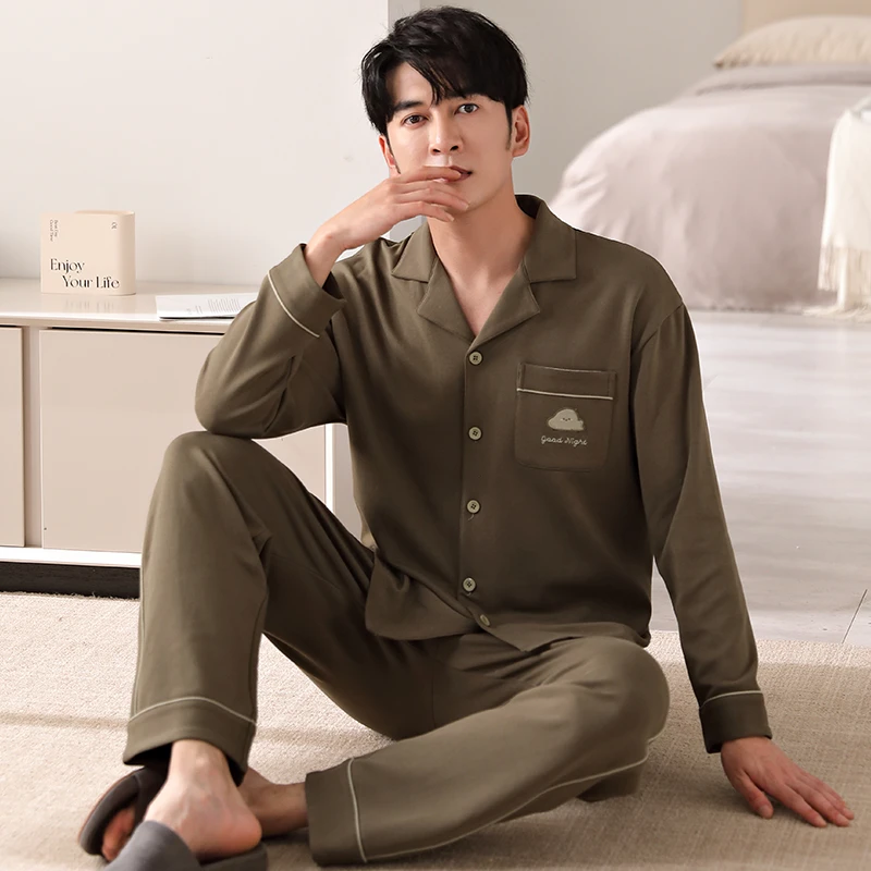 2024新款男士加厚纯棉绿色云朵翻领开衫长袖长裤保暖睡衣套装