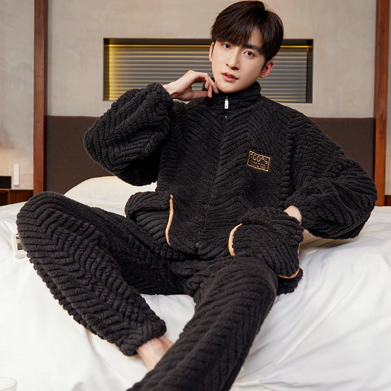 莉莉家新款冬季男士法兰绒立领开衫拉链秋冬保暖睡衣家居服88488