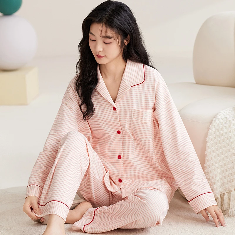 莉莉家女士2024新款纯棉开衫长袖长裤粉格子睡衣家居服套装可外穿