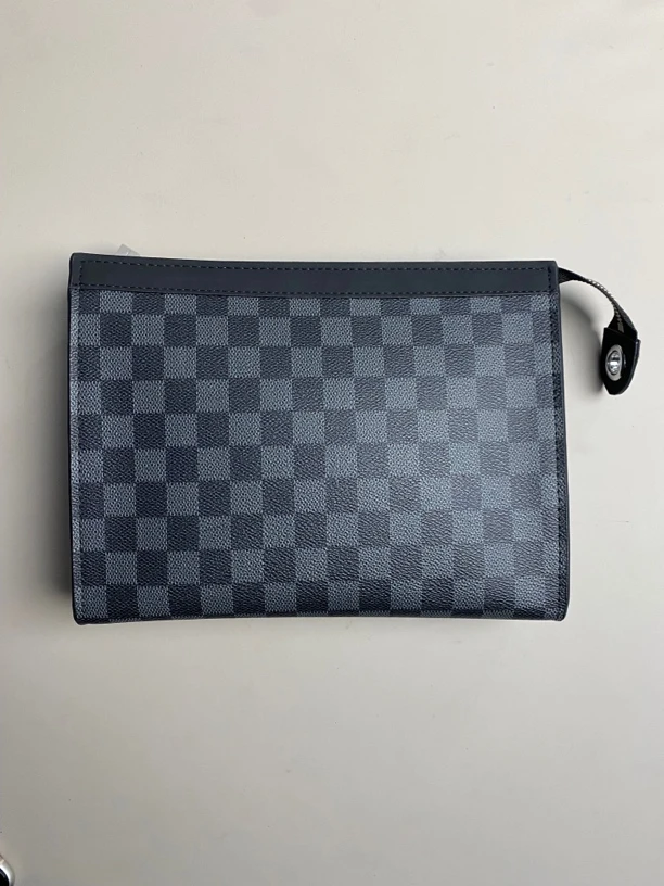 男士头层牛皮灰色棋盘格洋气百搭正版洗漱包手夹包手拿包