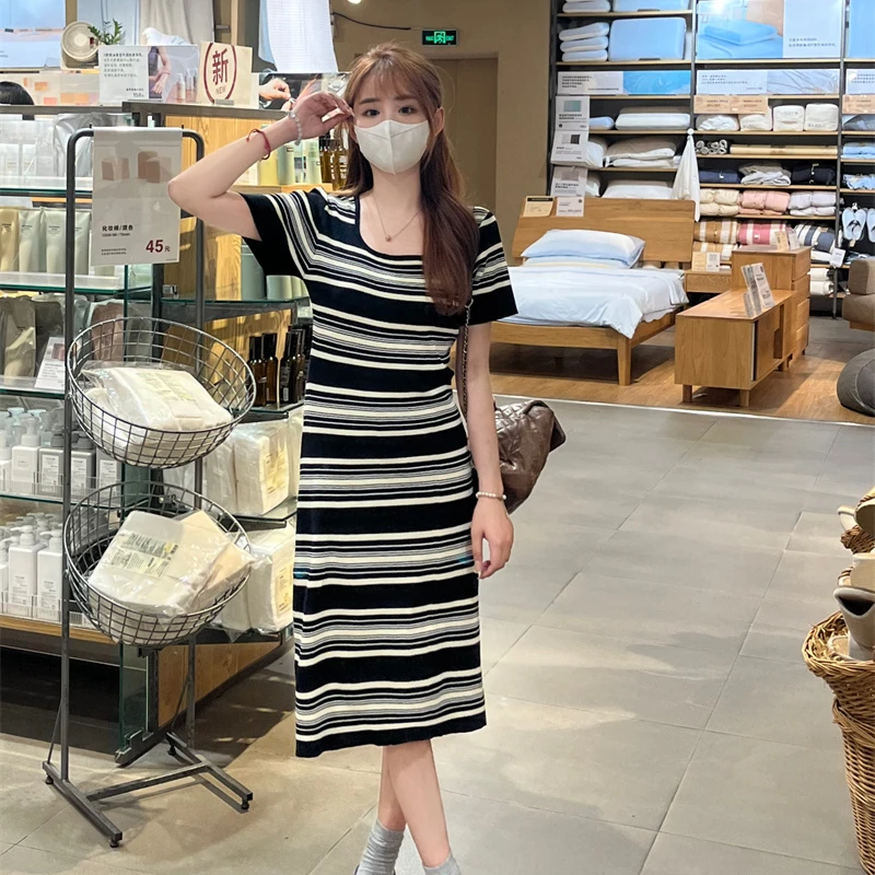 小个子法式方领条纹针织连衣裙150cm百搭简约短袖休闲中长裙xs夏