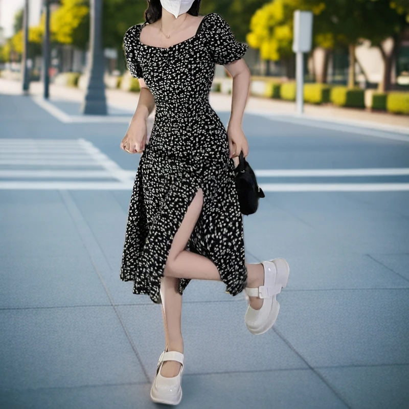 小个子黑色碎花连衣裙150cm法式方领短袖收腰开叉中长裙茶歇裙xs