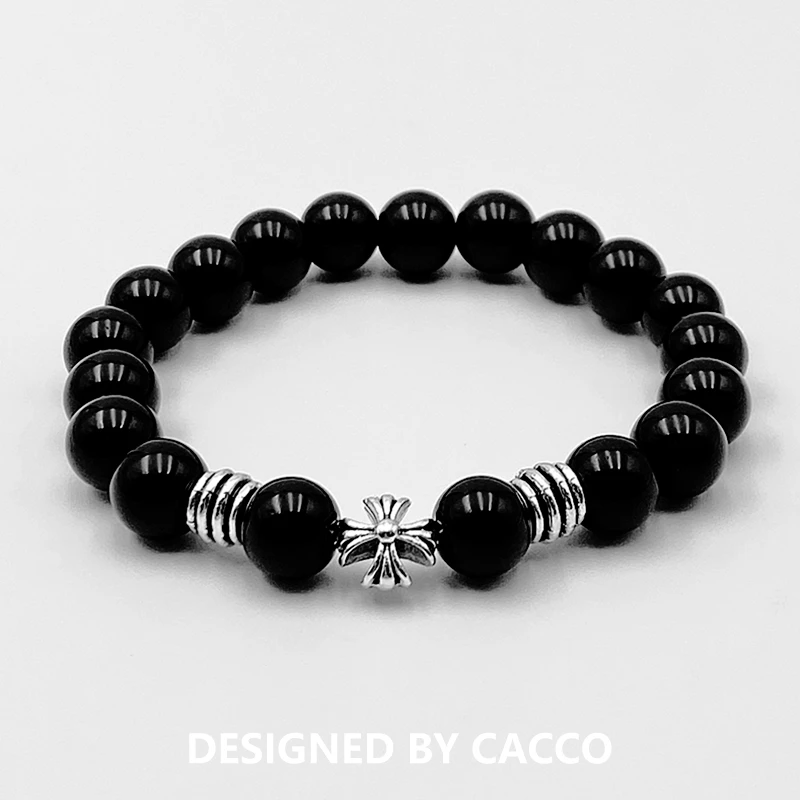 锌合金手链 CACCO 黑色串珠十字花手饰 新中式复古朋克无性别手串