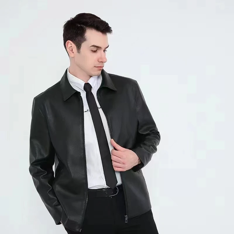 2024年新款翻领男士商务休闲拉链皮夹克