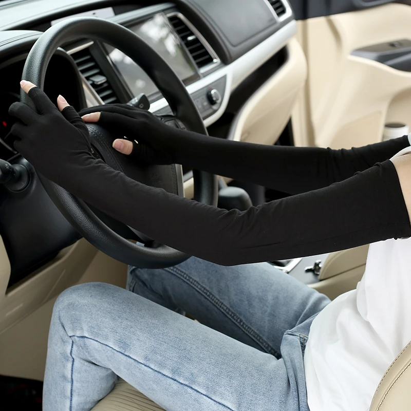 珍碧斯夏季长款防晒手套女露两指棉透气吸汗高弹开车骑行触屏护臂