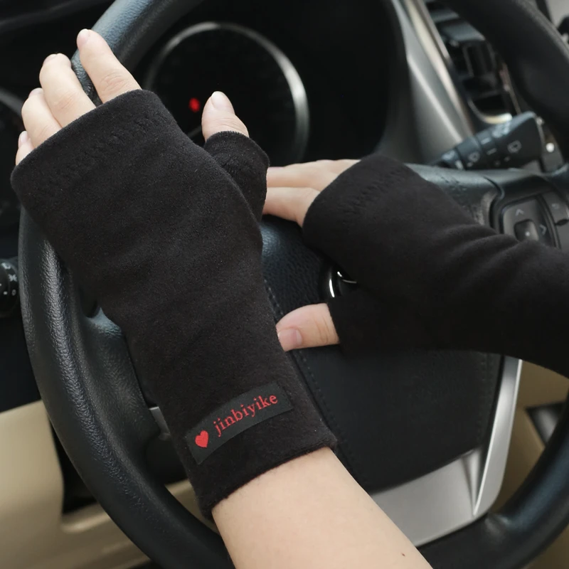 珍碧斯半截手套女款冬季加绒保暖露指学生写字触屏骑行半指手套男