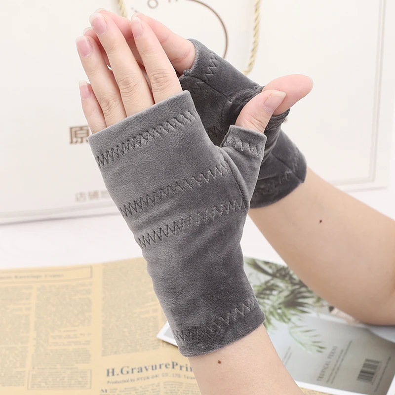 秋冬新款银狐绒手套男女加绒加厚办公作业遮疤痕保暖半指学生短款