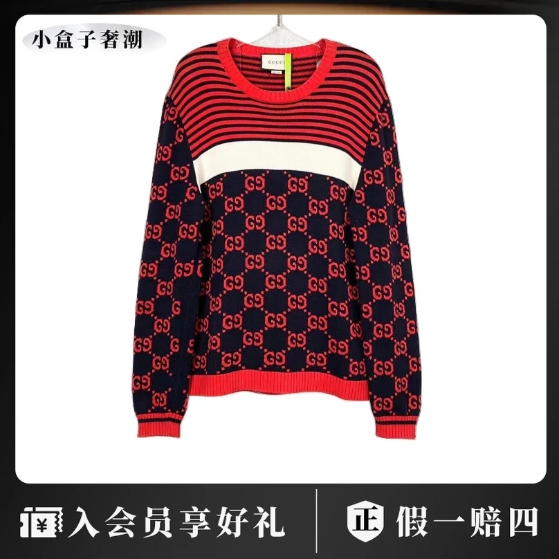 GUCCI/古驰23085 红色老花拼接毛衣 L码