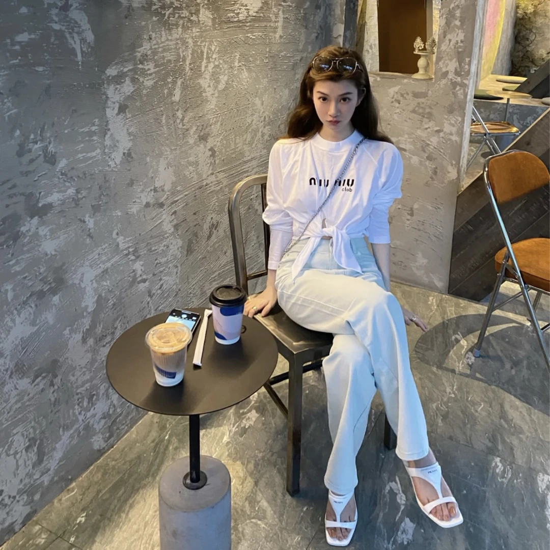 miumiu/谬谬22894 白色系带logo长袖 XS码