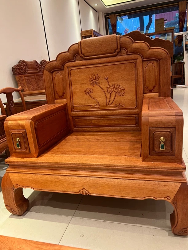 五件套莲花宝座沙发  美式新中式客厅古典双人大床雕花成套