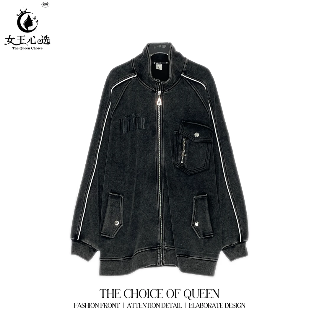 【衣圆圆】D99216秋季新款净版拉链口袋高领水洗卫衣外套