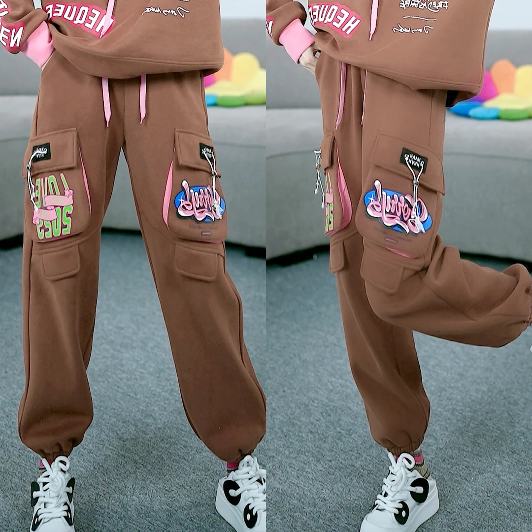 棉加绒加厚【衣圆圆】D39863秋冬新款宽松百搭字母束脚长裤