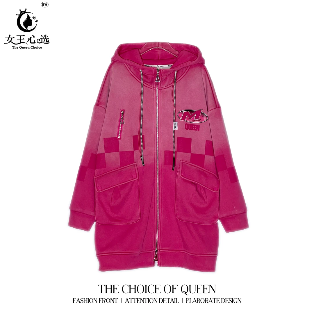 充绒加厚【衣圆圆】D9A132秋冬新款字母水洗口袋格子带帽卫衣外套