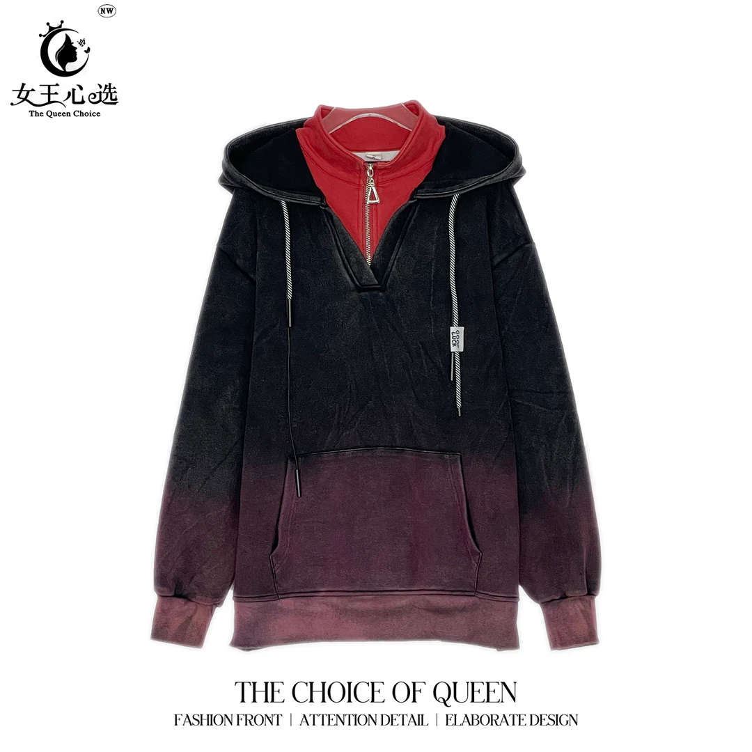 棉【衣圆圆】D99391秋季百搭宽松字母净版假领带帽水洗长袖帽衫