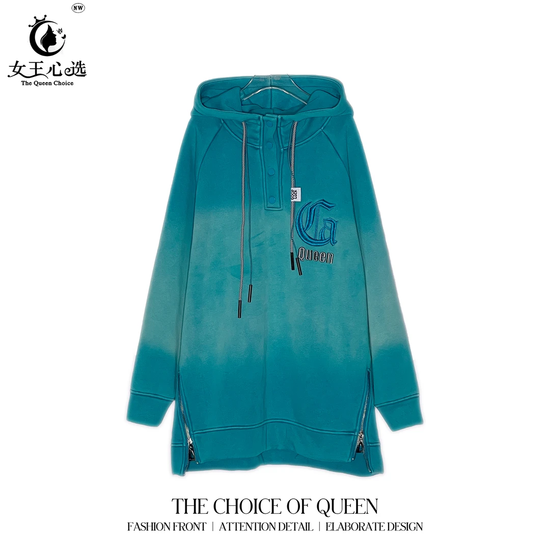 棉加绒【衣圆圆】D99795秋季百搭字母拉链净版带帽扣子长袖帽衫