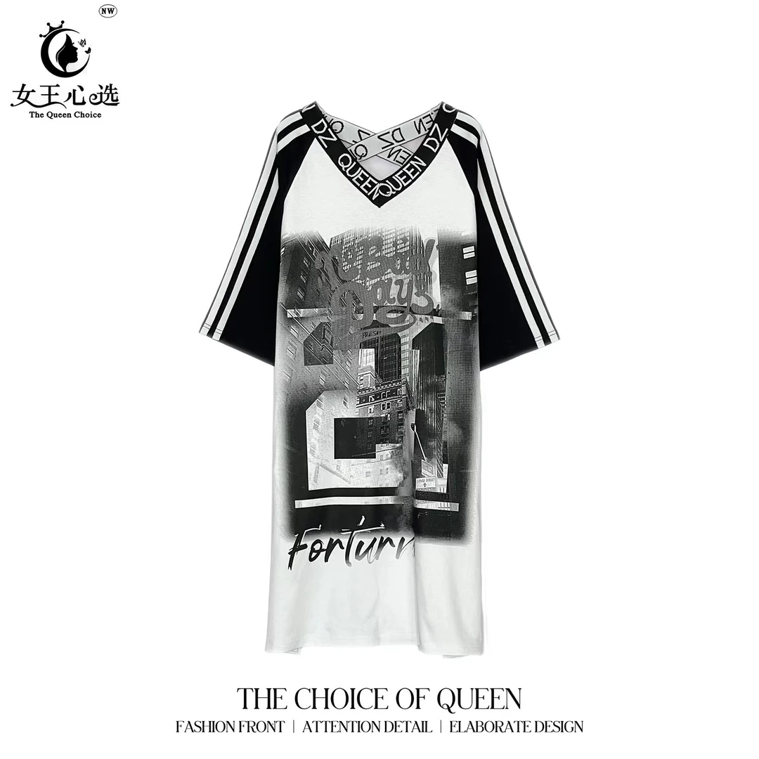 现货【衣圆圆Q】D96390夏季新款宽松数字21交叉织带V领短袖T恤